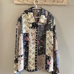 Unique patchwork floral button up shirt with a touch of whimsy